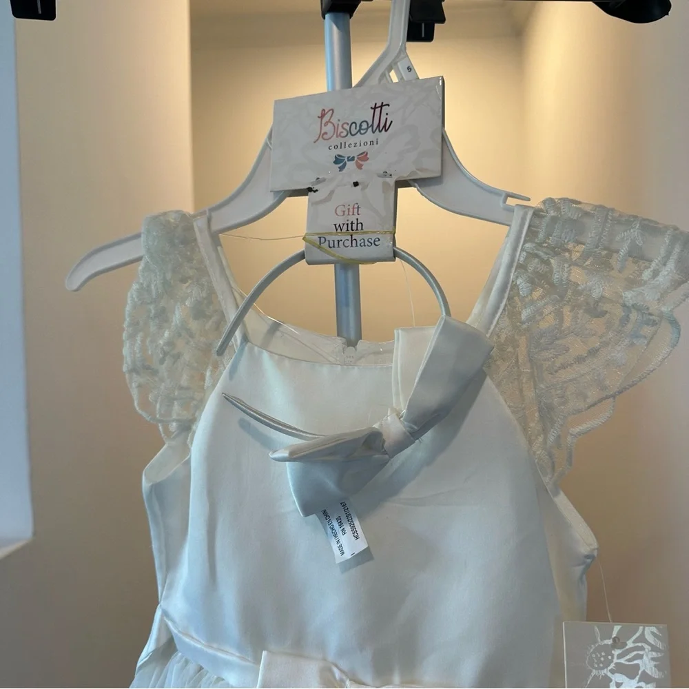 Biscotti Flower Girl White Dress with Lace Shoulders & Matching Bow Headband